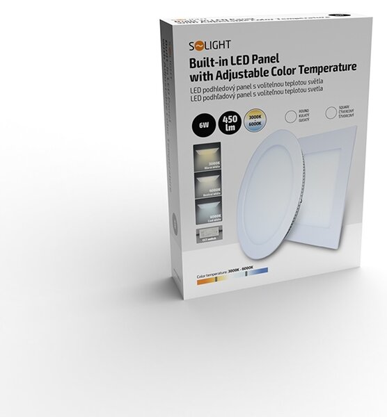 SOLIGHT LED mini panel CCT, podhľadový, 6W, 450lm, 3000K, 4000K, 6000K, štvorcový