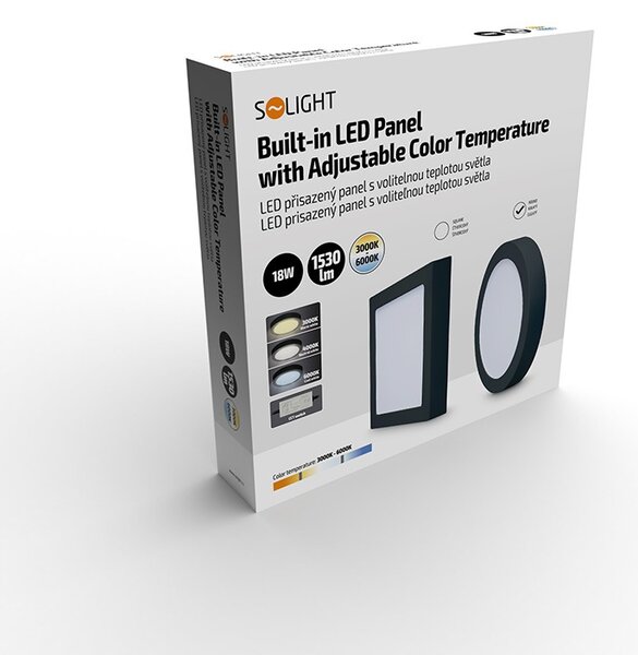 SOLIGHT LED mini panel CCT, prisadený, 18W, 1530lm, 3000K, 4000K, 6000K, okrúhly čierny