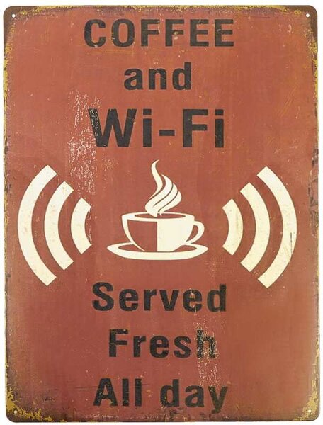 Retro tabuľa Coffee and WiFi (Plechová cedula čerstvá káva a Wi-Fi 30x40cm)