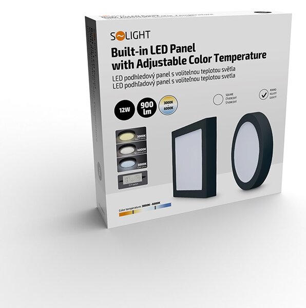 SOLIGHT LED mini panel CCT, prisadený, 12W, 900lm, 3000K, 4000K, 6000K, okrúhly čierny