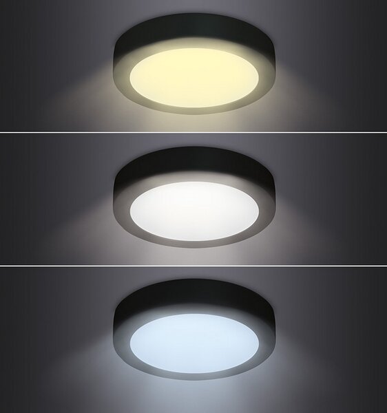 SOLIGHT LED mini panel CCT, prisadený, 12W, 900lm, 3000K, 4000K, 6000K, okrúhly čierny