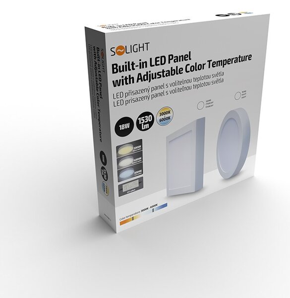 SOLIGHT LED mini panel CCT, prisadený, 18W, 1530lm, 3000K, 4000K, 6000K, štvorcový biely