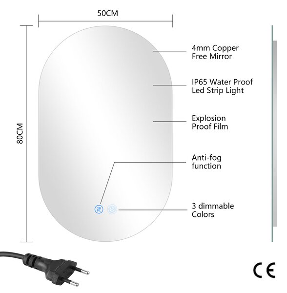 Erga Dalia, oválne LED zrkadlo 50x80cm, 3 farby svetla, zadné osvetlenie, vyhrievacia podložka proti zapareniu, ERG-V01-Dalia-5080-CL
