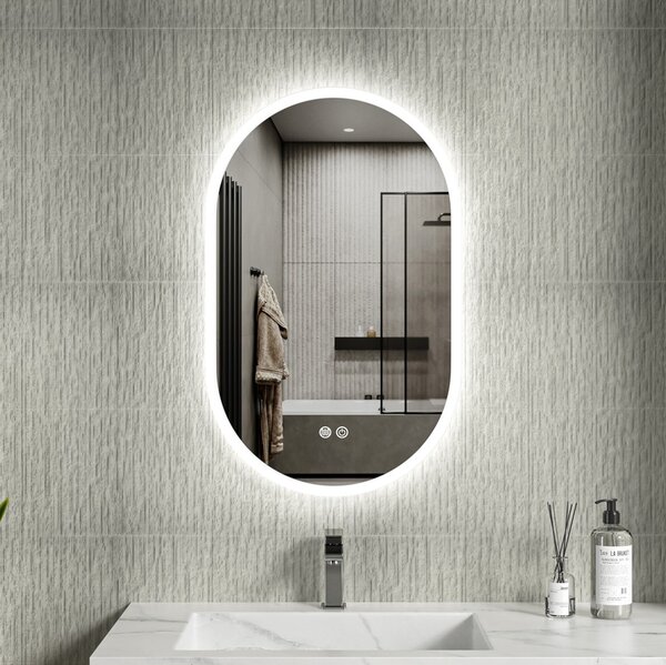 Erga Demi, oválne LED zrkadlo 50x80cm, 3 farby svetla, predné osvetlenie, vyhrievacia podložka proti zapareniu, ERG-V01-Demi-5080-CL