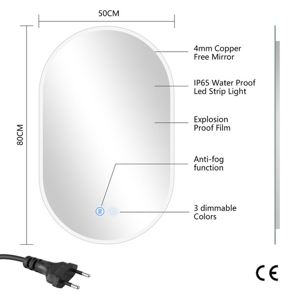 Erga Demi, oválne LED zrkadlo 50x80cm, 3 farby svetla, predné osvetlenie, vyhrievacia podložka proti zapareniu, ERG-V01-Demi-5080-CL