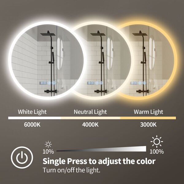 Erga Deam, okrúhle LED zrkadlo 50cm, 3 farby svetla, predné osvetlenie, vyhrievacia podložka proti zapareniu, ERG-V01-Deam-5050-CL