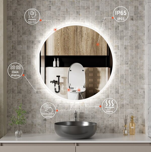Erga Deam, okrúhle LED zrkadlo 50cm, 3 farby svetla, predné osvetlenie, vyhrievacia podložka proti zapareniu, ERG-V01-Deam-5050-CL