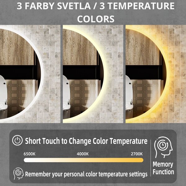 Erga Deam, okrúhle LED zrkadlo 50cm, 3 farby svetla, predné osvetlenie, vyhrievacia podložka proti zapareniu, ERG-V01-Deam-5050-CL