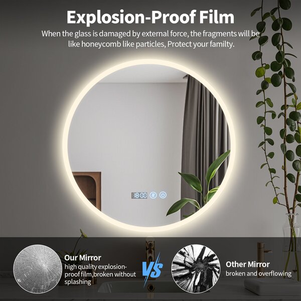 Erga Deam, okrúhle LED zrkadlo 120cm, 3 farby svetla, predné osvetlenie, vyhrievacia podložka proti zapareniu, ERG-V01-Deam-1212-CL