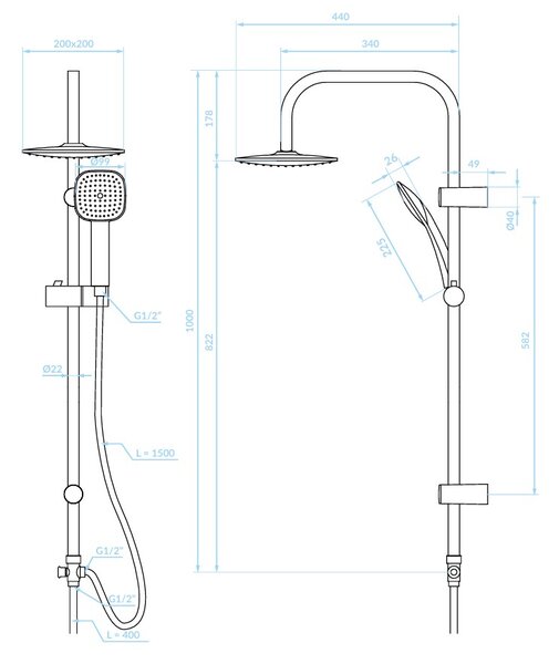 Kuchinox Ondo, sprchový stĺp s dažďovou hlavicou 200x200 mm, čierna, LAV-PG7_70KX