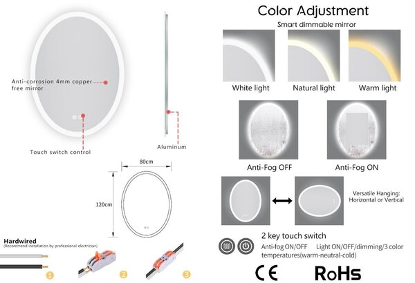 Erga Paola, oválne LED zrkadlo 80x120cm (120x80), 2990 lm, 3 farby svetla, predné a zadné osvetlenie, ERG-V01-302-1280-00