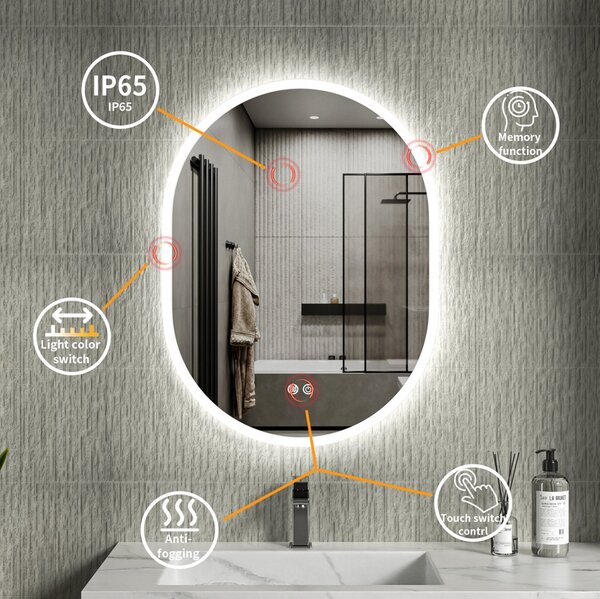 Erga Demi, oválne LED zrkadlo 60x80cm, 3 farby svetla, predné osvetlenie, vyhrievacia podložka proti zapareniu, ERG-V01-DEMI-6080-CL