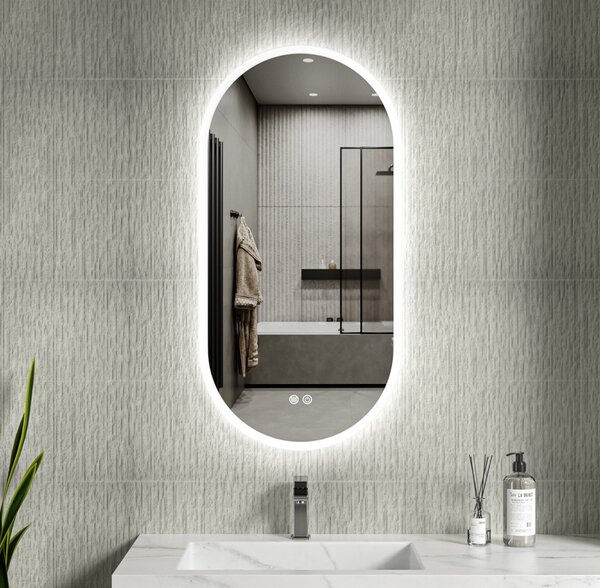 Erga Demi, oválne LED zrkadlo 50x100cm, 3 farby svetla, predné osvetlenie, vyhrievacia podložka proti zapareniu, ERG-V01-DEMI-5010-CL