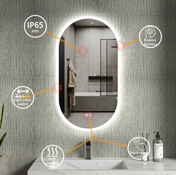 Erga Demi, oválne LED zrkadlo 50x90cm, 3 farby svetla, predné osvetlenie, vyhrievacia podložka proti zapareniu, ERG-V01-DEMI-5090-CL