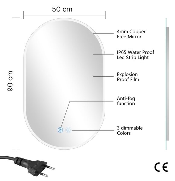 Erga Demi, oválne LED zrkadlo 50x90cm, 3 farby svetla, predné osvetlenie, vyhrievacia podložka proti zapareniu, ERG-V01-DEMI-5090-CL