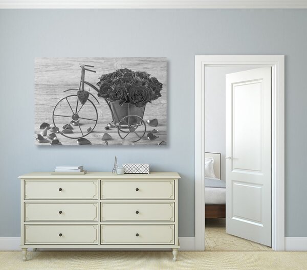 Obraz bicykel plný ruží v čiernobielom prevedení