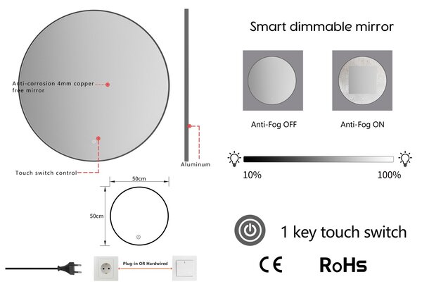Erga Emma, okrúhle LED zrkadlo 50cm, čierny kovový rám, 1150 lm, 6500K, zadné osvetlenie, ERG-V01-201-5050-BK