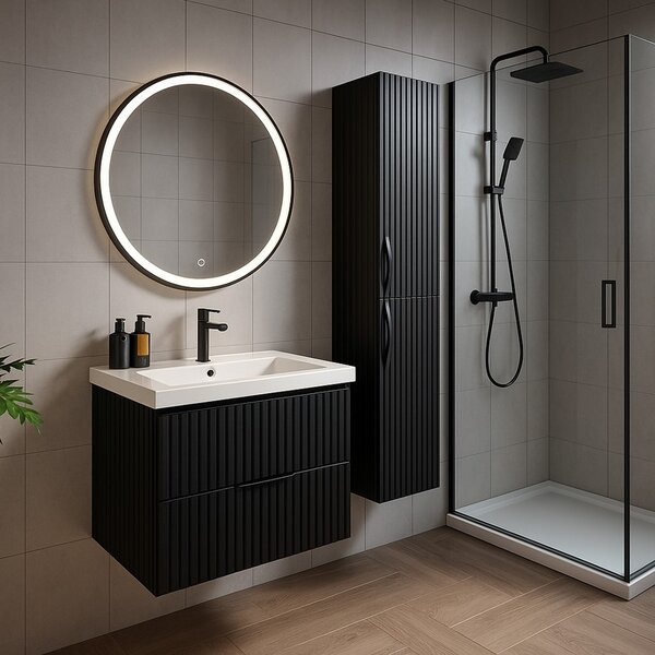 Erga Olivia, okrúhle LED zrkadlo 80cm, čierny kovový rám, 1840 lm, 6500K, predné osvetlenie, ERG-V01-202-8080-BK