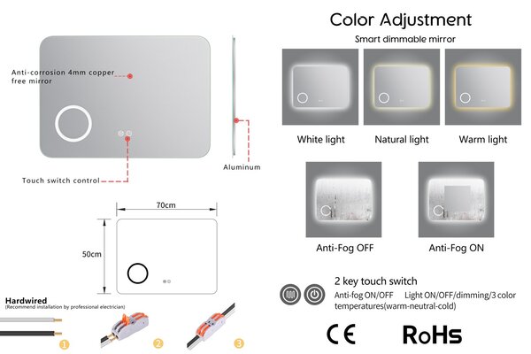 Erga Myra, LED zrkadlo 70x50 cm s kozmetickým zrkadlom 3x zväčšenie, 2662 lm, 3 farby svetla, zadné osvetlenie, ERG-V01-MYRA-7050-00