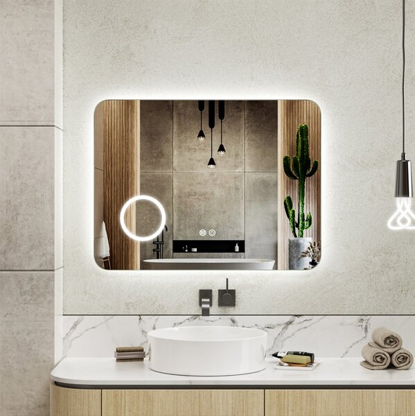 Erga Myra, LED zrkadlo 80x60 cm s kozmetickým zrkadlom 3x zväčšenie, 3146 lm, 3 farby svetla, zadné osvetlenie, ERG-V01-MYRA-8060-00