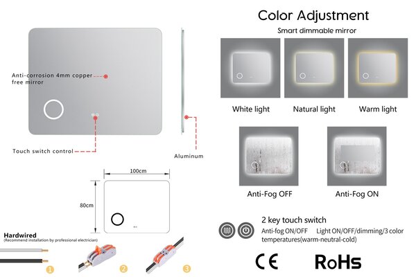 Erga Myra, LED zrkadlo 100x80 cm s kozmetickým zrkadlom 3x zväčšenie, 4114 lm, 3 farby svetla, zadné osvetlenie, ERG-V01-MYRA-1080-00