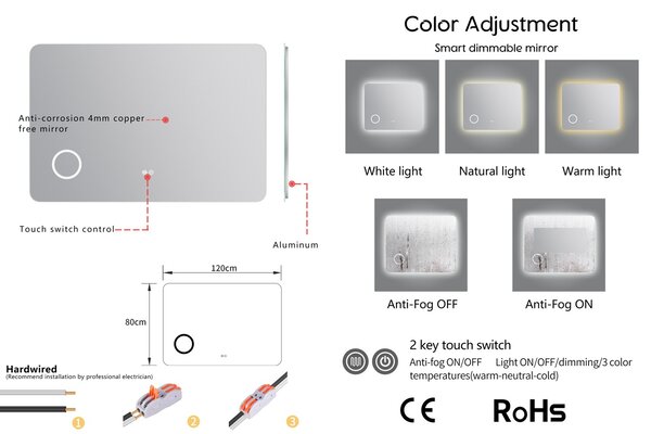 Erga Myra, LED zrkadlo 120x80 cm s kozmetickým zrkadlom 3x zväčšenie, 4598 lm, 3 farby svetla, zadné osvetlenie, ERG-V01-MYRA-1280-00