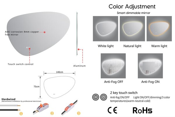 Erga Myra, LED zrkadlo 140x80 cm s kozmetickým zrkadlom 3x zväčšenie, 5082 lm, 3 farby svetla, zadné osvetlenie, ERG-V01-MYRA-1480-00