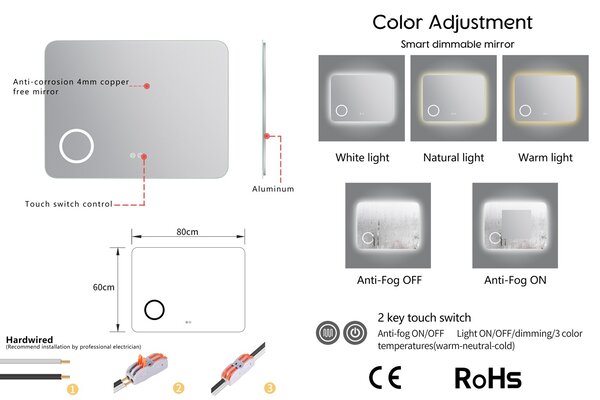 Erga Myra, LED zrkadlo 80x60 cm s kozmetickým zrkadlom 3x zväčšenie, 3146 lm, 3 farby svetla, zadné osvetlenie, ERG-V01-MYRA-8060-00