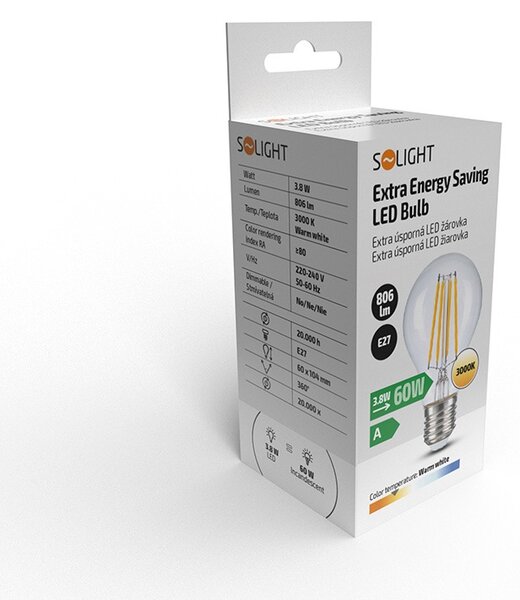 SOLIGHT LED Filament žiarovka číra A60 3,8 W/230V/E27/2700K/806Lm/360°