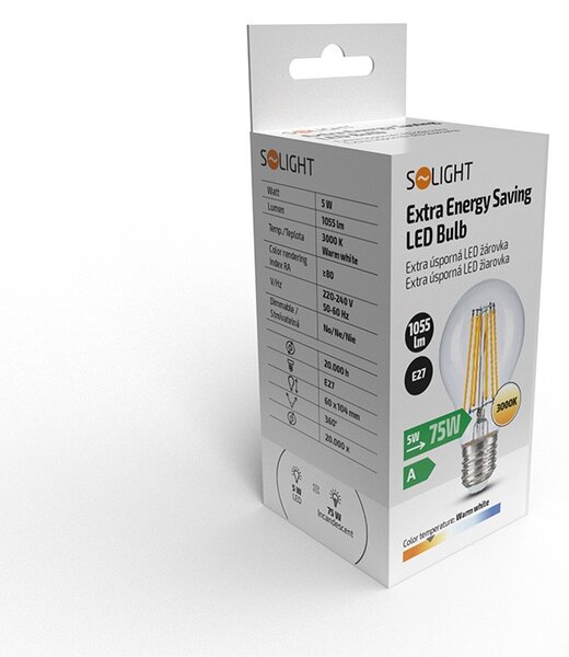 SOLIGHT LED Filament žiarovka číra A60 5W/230V/E27/2700K/1055Lm/360°