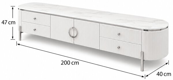 TV STOLÍK GASTON STRIEBORNÉ NOHY + BIELA + MRAMOR 200 cm