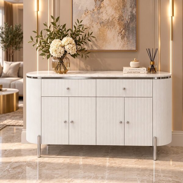 KOMODA GASTON II STRIEBORNÉ NOHY + BIELA + MRAMOR 140 cm