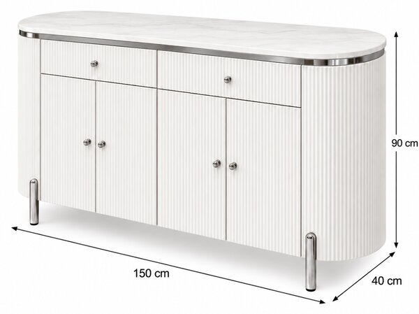KOMODA GASTON II STRIEBORNÉ NOHY + BIELA + MRAMOR 150 cm