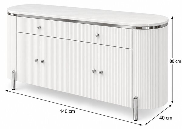 KOMODA GASTON II STRIEBORNÉ NOHY + BIELA + MRAMOR 140 cm
