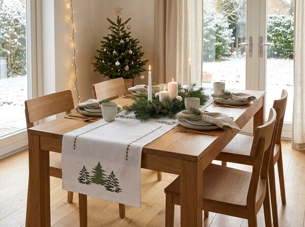 Vianočný behúň na stôl EVERGREEN CHARM 40x140 cm, biely