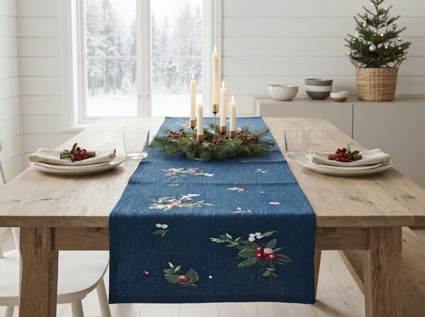 Vianočný behúň na stôl WINTER BERRIES 40x150 cm, tmavomodrý