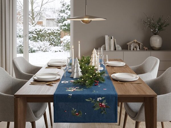 Vianočný behúň na stôl WINTER BERRIES 40x150 cm, tmavomodrý