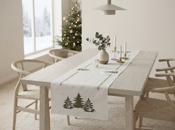 Vianočný behúň na stôl EVERGREEN CHARM 40x140 cm, biely