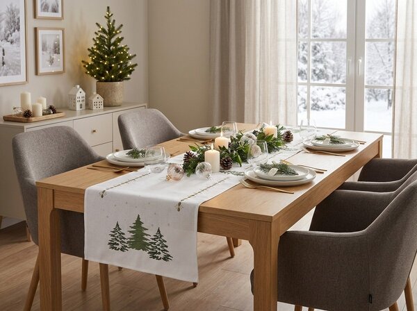 Vianočný behúň na stôl EVERGREEN CHARM 40x140 cm, biely