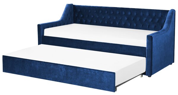 Rozkladacia posteľ modrá zamatová 90 x 200 cm s roštom prešívané čelo s gombíkmi glamour štýl spálňa
