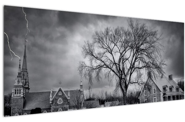 Obraz čiernobielej dediny (120x50 cm)