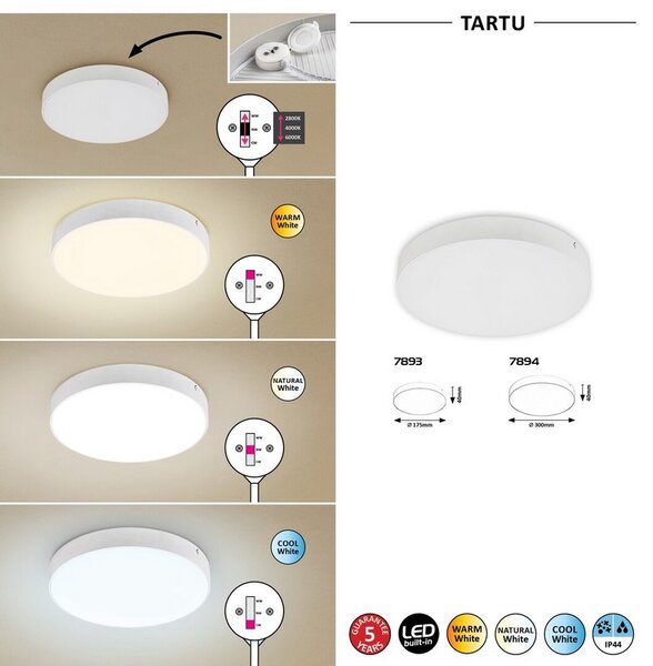 Rabalux LED vonkajšie okrúhle stropné svietidlo TARTU 18W/1800lm/2800-6000K/CCT/IP44/biela