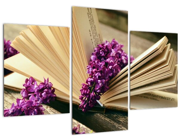 Obraz knihy a fialovej kvetiny (90x60 cm)