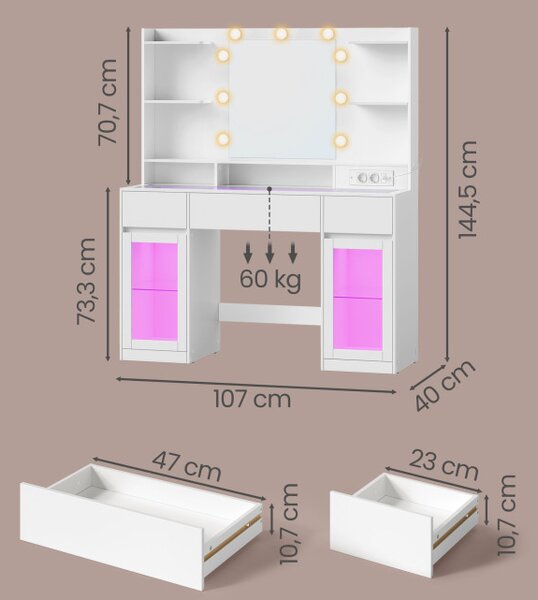 Toaletný stolík so zrkadlom a RGB LED osvetlením RDTB35145WB01