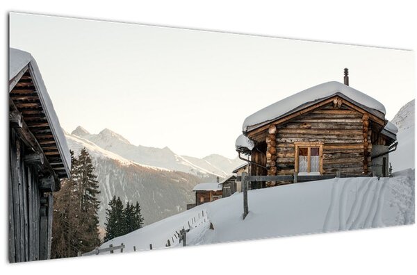 Obraz - horská chata v snehu (120x50 cm)
