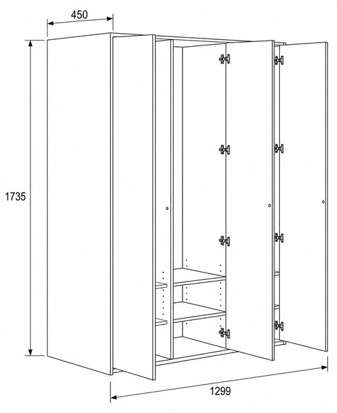 Šatníková skriňa FRAME, 3 oddiely, 1299 x 450 x 1735 mm, PUSH-lock, biela