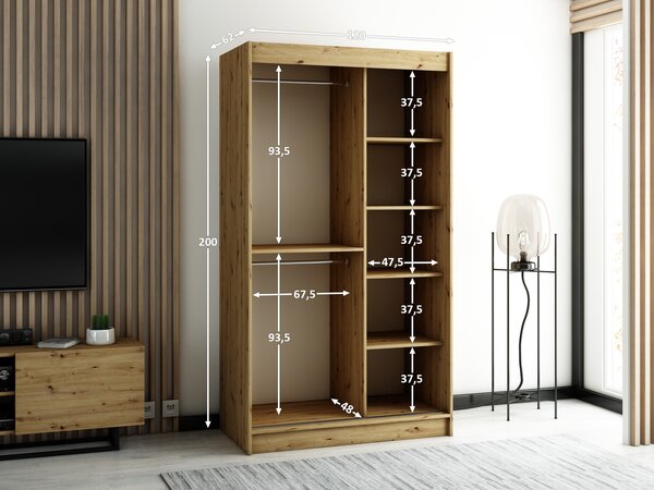 NovýNábytok.sk Šatníková skriňa 120 cm Ladonna (dub artisan + čierna matná). Akcia -19%. Vlastná spoľahlivá doprava až k Vám domov. 1043505
