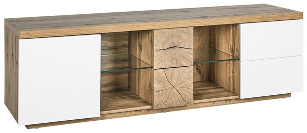 TV stolík svetlé drevo biela MDF doska 2 zásuvky police moderný dizajn obývacia izba