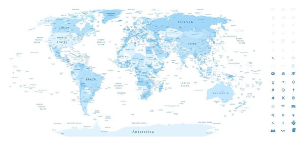 Obraz na korku detailná mapa sveta v modrej farbe