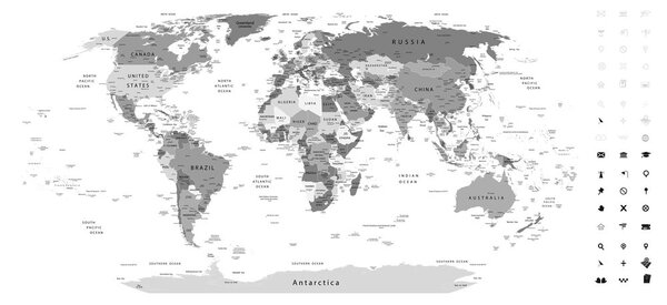 Obraz na korku detailná mapa sveta v čiernobielom prevedení